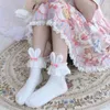 Chaussettes courtes à la cheville pour femmes, Harajuku, oreilles en peluche 3D, Mini nœud, garniture en dentelle à volants, bonneterie de princesse