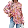 Women's Blouses Floral Print For Womens Crewneck Smocked Puff Long Sleeve Tshirts Casual Babydoll Tops Tunics