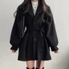 Women's Wool Blends EVNISI Women Buttons Laceup Trench Coat With Pockets Woolen Turndown Collar Long Sleeve TRAF Overcoat Autumn Winter 230928