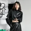 Women's Leather Faux Restore Design PU Short Jacket Autumn Winter Black Coat Polo Collar Drawstring Hem Toops Clothing chaqueta de mujer pu 230928