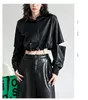 Women's Leather Faux Restore Design PU Short Jacket Autumn Winter Black Coat Polo Collar Drawstring Hem Toops Clothing chaqueta de mujer pu 230928