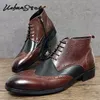 Boots Luxury Mens Shoes Black mix Brown Wingtip Zip Ankle Casual Dress Man Lace up Genuine Leather Men 230928