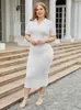 Robes de grande taille blanc col en V pour femmes gaine col rabattu manches courtes moulante mi-longue tenues de soirée de bal 2023