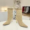 Modische Damen-Stiefeletten mit hohen Absätzen. Frühling und Herbst, neue Luxus-Designer-Strickmode-Stiefel, elastische Wollrohr-Damenstiefel, sexy Stiletto-Party-Schnürsenkel-Box