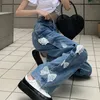 Kvinnors jeans kawaii casual kvinnor söt hög midja spets bow lossa raka denim byxor y2k koreanska mode streetwear breda benbyxor