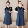 Casual Dresses Fashion Short Sleeved Denim Dress Female Big Size Loose Korean Version Women's Vestidos Splicing Sling 2023