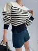女性用セーター女性秋のセーター2023韓国スタイルファッションラウンドネックボタンレジャータイムストライプ濃厚編みd4218