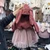 Flickaklänningar 2023 Spring Autumn Korean Style Baby Girls Dress Ear Hooded Mesh Fleece Cotton Kids
