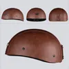 Motorcykelhjälmar Brown Pu Leather Half Face Hjälm Motorcykel Electric Safety Moto Casco för kvinnor/män Borttagen halsduk