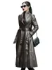 Kvinnors läderfaux Nerazzurri Autumn Long Brown Black Soft Trench Coat for Women Belt Kirted Elegant Luxury Fashion 5xl 6xl 7xl 230928