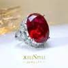 Anéis de cluster luxo artificial pombo sangue rubi ovo anel super grande exagerado dedo gem 925 prata vermelho corindo