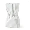 Vases White Pleated Ceramic Floral Vase Unique Square Wide Mouth Paper Bag Flower For Home Room Table