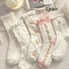 Chaussettes en coton et dentelle pour femmes, Style rose avec volants, ensemble mignon Harajuku Lolita blanc pour femmes, printemps et été