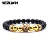 Bracelets de charme Trendy Rose Gold Black Bracelet Lava Stone Pave CZ Couronne impériale et casque pour hommes ou femmes Pulseira Hombres211L