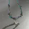 Колье винтажное цветное дофаминовое кожаное веревочное обернутое красочное ожерелье с бахромой Y2k модное ожерелье со стразами для девочек
