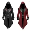 Men's Trench Coats 2023 Medieval Gothic Vintage Leather Patchwork Coat Hooded Cloak Mens Halloween Cosplay Long Jacket Tail