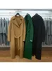 Women's Wool Blends Winter Korean Style Double Breasted Long Black Woolen Overcoat Loose Lacing Belt Green 100 Coat Jacket 230928