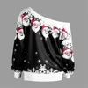 Ethnische Kleidung Damen Casual Skew Collar Weihnachtsdruck Langarm Pullover Top Bluse Off Shoulder Sweatshirt