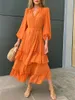 Casual klänningar eleganta ruffles frill hemklänning för kvinnor 2023 Autumn Lantern Sleeve Button Front kläder Kvinnligt orange mode