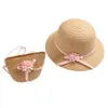 Hats Toddler Kids Girls Summer Woven Straw Hat Bowknot Beach Bucket Cap With Handbag Dropship