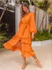 Casual klänningar eleganta ruffles frill hemklänning för kvinnor 2023 Autumn Lantern Sleeve Button Front kläder Kvinnligt orange mode