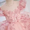 Crystal Flower Dresses For Wedding Pink Pärledspets Appliced ​​Toddler Girl Pageant Dress Ball Gown Kids Formal Wear Party Prom Gowns 403