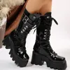 Boots Women Solid Black Black Former Deable Leather Lace Lace Up Slope Eyel Shice Shoes Buckle Strap Mid Calf