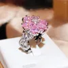 Klusterringar söt rosa kubik zirkon hjärta diamant blomma kvinnor bling uttalande kärlek ring vit guld pläterat par engagemang bröllop