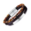 Opk Jewelry Street Tiger Eye Pulsera de Piedra con Cuentas Personalidad para Hombres Cuero Tejido de múltiples Capas