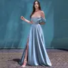 Staubiges blaues One-Shoulder-Abschlussballkleid mit Herzausschnitt, A-Linie, Spitze, hoher Schlitz, Abendparty, Schwanzkleid, bodenlangen Roben De 328 328