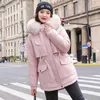 Feminino para baixo moda forro de algodão quente com capuz parkas casaco jaqueta de inverno feminino cintura ajustável gola de pele parka 2023