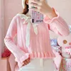 Damenpullover Kawaii Ohrstrickpullover Niedlicher Mädchenpullover Herbst Koreanische Mode Frauen Crop Tops Langarm Vintage Krawattenschleife Pullover