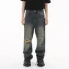 Mäns jeans Syuhgfa Broken Hole Tide Korean Style Straight Tube Baggy Denim Pants Street Ejressed Wide Leg Jean Trousers