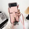 Luxury Crossbody Rivet Vogue Phone Case for Samsung Galaxy Z Folding Flip3 Flip4 Flip5 5G Sturdy Adjustable Lanyard Solid Leather Fold Shell with Love Heart Pendant