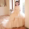Beautiful Flower Girl Dresses Floor Length Tired Skirt Tulle Applique Bow Kids Formal Childrens First Communion Shiny Princess Ball Gown Wedding Party Dress 403