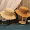 Ampla borda chapéus verão elegante pérola corrente plana sol para mulheres chapeau feminino palha chapéu panamá anti-uv praia boné menina topee