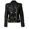 女性用革の高品質オリジナルデザインジャケットメタルバックルダブルブレストコートブラックダブルジッパーオートバイ