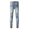 Calças de brim de motociclista de remendo rachado masculino streetwear plissado retalhos estiramento denim calças buracos rasgados angustiado magro cônico calças