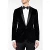 남자 양복 벨벳 검은 블레이저를위한 검은 블레이저 2023 의상 싱글 가슴 피크 라펠 2 피스 재킷 바지 의상 홈 브레스 슬림 한 적합