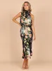 Casual Dresses Blumendruck Halfter Kleid Frauen ärmelloses dünnes Hüftpaket Midi Elegant 2023 Chic Hohe Taille Gerade Robe