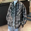 Herrjackor klassiska houndstooth -mönster skjortor män baggy rockar trendiga märke singelbröst blusar manliga streetwear långärmad