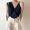 Camicette da donna Clothland Donna Sexy scollo a V Camicie senza maniche Backless Camicia bianca blu scuro Camicetta con design incrociato Top chic Blusa WA190