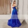 Blue Royal Royally Sparkly Tule Sequin Applique Promply выпускное выпускное выпускное выпускное выпускное выпускное платье с плеча высокая сторона с разделением без спины.