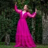 Vintage Fuchsia Prom A-Line Tulle Long Sleeves Evening Dress 2023 Floor Length Zipper Back Party Ball Gowns Custom Made 328 328