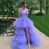 Lavendel sexig hi-low tiered tulle prom klänning för kvinnor 2024 v hals en linje rygglös prom party bollklänning kläder de soir