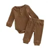 Rompers Baby Girl Boy Ribbed Knit Solid Long Sleeve Crew Neck Romper Top Elastic midjebyxor Kläder för född