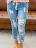 Women's Jeans Womens Stretch Skinny Ripped Hole Washed Denim Mom Female Slim Jeggings High Waist Light Blue Pencil Y2k Pants Trousers