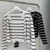 Women's Knits Striped Thin Ice Silk Knit Cardigan Two-piece Summer Short Long Sleeve Sun Slimming Halter Small Vest Set