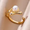 Hochzeit Ringe Runde Imitation Perle Für Frauen Gold Farbe Edelstahl Ring Vintage Ästhetischen Luxus Schmuck Weihnachten Geschenk