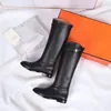 Elgant Jumping leather Riding Knee-High boots -tab Round toe Slip-on flat heels Chelsea Knight Booties luxury designer women Fashion shoes factory footwear Box